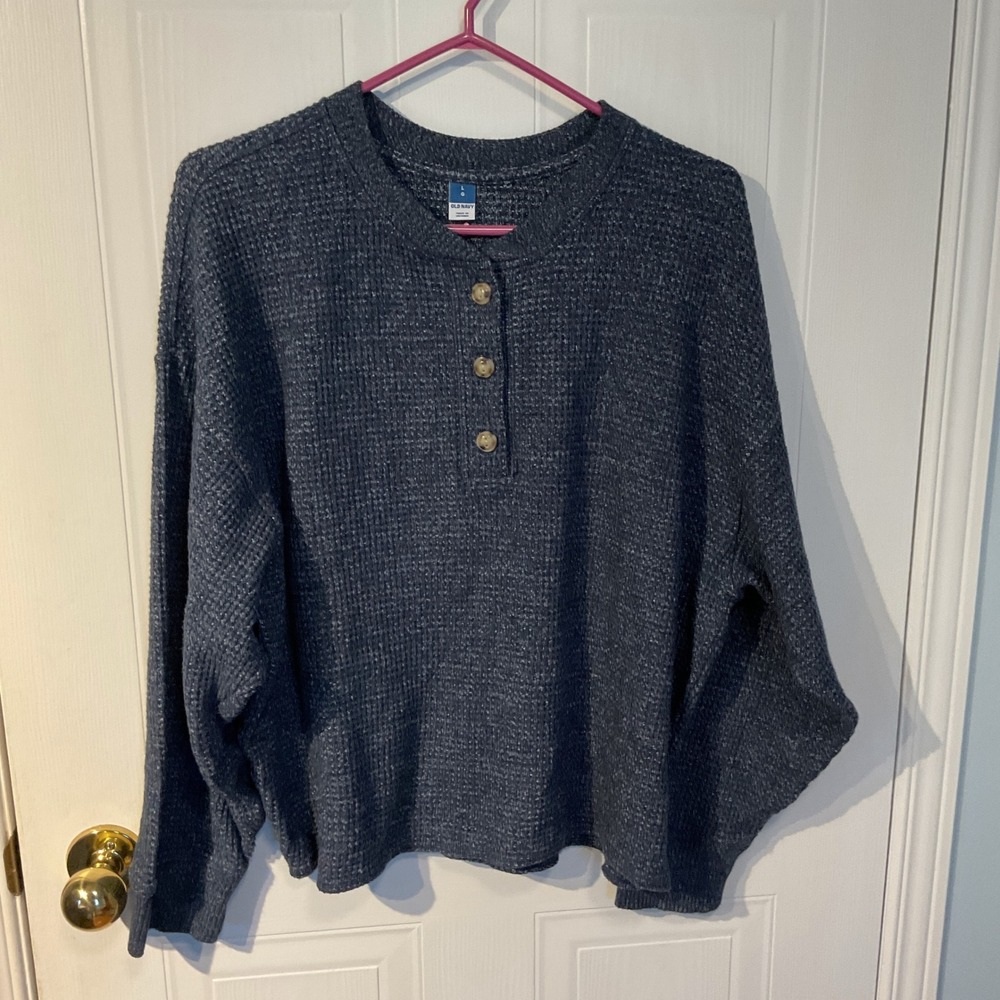 Old Navy Henley Sweater Womens Large Blue Excellent Waffle Knit Thermal Top